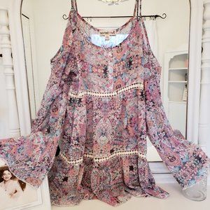 Woven Cold Shoulder Peasant Top S.o. R.a.d. BELL Sleeves Juniors Large NEW NWT